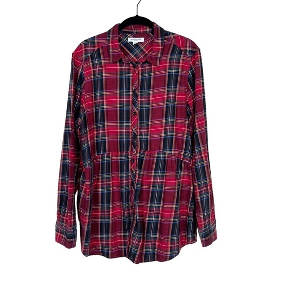 Beach Lunch Lounge Red Plaid Button Up Long Sleeve Peplum Flannel Shirt Size M - Picture 2 of 7